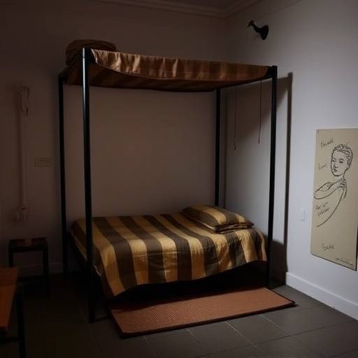 Celda de Nelson Mandela en Robben Island, una pequeña habitación con una estera en el suelo y una manta doblada.
