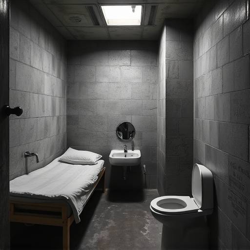 Celda en Alcatraz, mostrando una litera de metal, un lavabo y un inodoro, con paredes de hormigón desgastado.